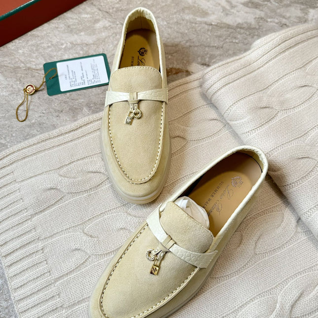 SUMMER WALK LOAFERS BEIGE SUEDE GOLD PADLOCK CHARM