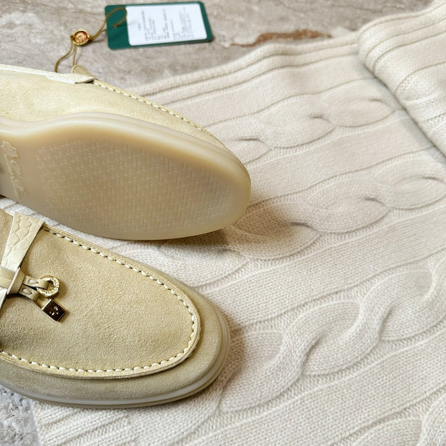 SUMMER WALK LOAFERS BEIGE SUEDE GOLD PADLOCK CHARM