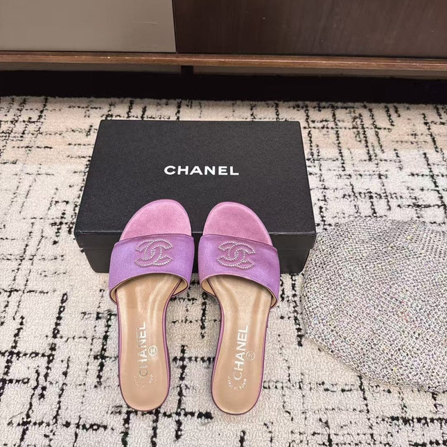SLIPPERS IN LILAC PURPLE SATIN MIX CALFSKIN