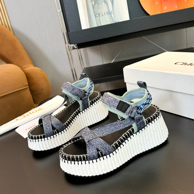 NAMA WEDGE SANDALS IN GREY FABRIC AND WHITE RUBBER