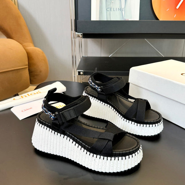 NAMA WEDGE SANDALS IN BLACK FABRIC AND WHITE RUBBER