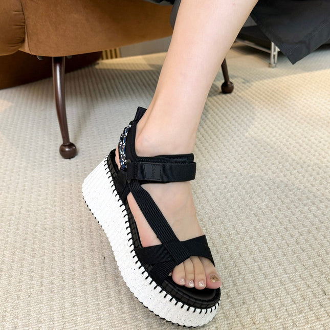 NAMA WEDGE SANDALS IN BLACK FABRIC AND WHITE RUBBER