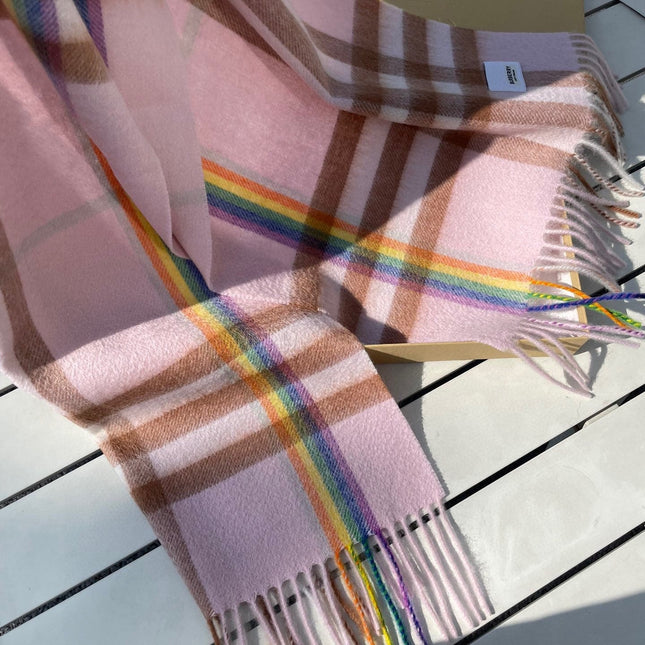 CHECK SCARF 200 CM IN LIGHT PINK MIX CAMEL BROWN CASHMERE 394750
