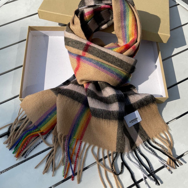 CHECK SCARF 200 CM IN CAMEL BEIGE MIX BLACK CASHMERE 394753