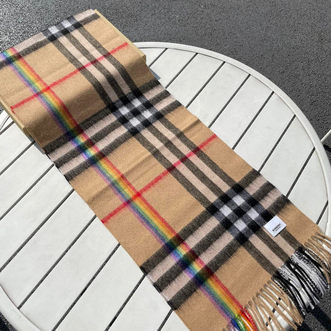 CHECK SCARF 200 CM IN CAMEL BEIGE MIX BLACK CASHMERE 394753