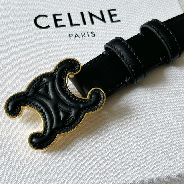 TRIOMPHE BELT 24MM IN BLACK CALFSKIN WITH LEATHER BUCKLE GOLD HARDWARE