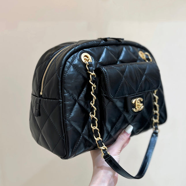 QUILTED BOWLING BAG 33 IN BLACK LAMBSKIN GOLD HARDWARE