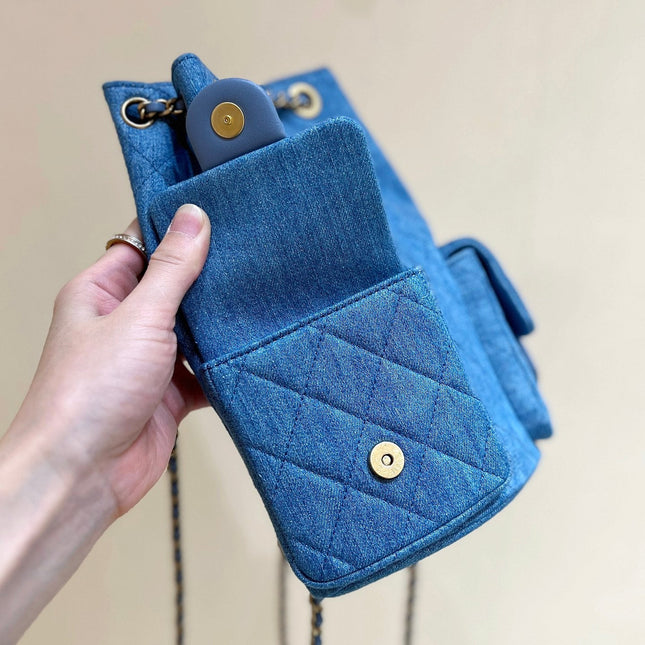 DRAWSTRING BUCKET BACKPACK 24 IN MALIBU BLUE DENIM GOLD HARDWARE