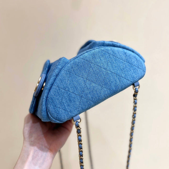 DRAWSTRING BUCKET BACKPACK 24 IN MALIBU BLUE DENIM GOLD HARDWARE
