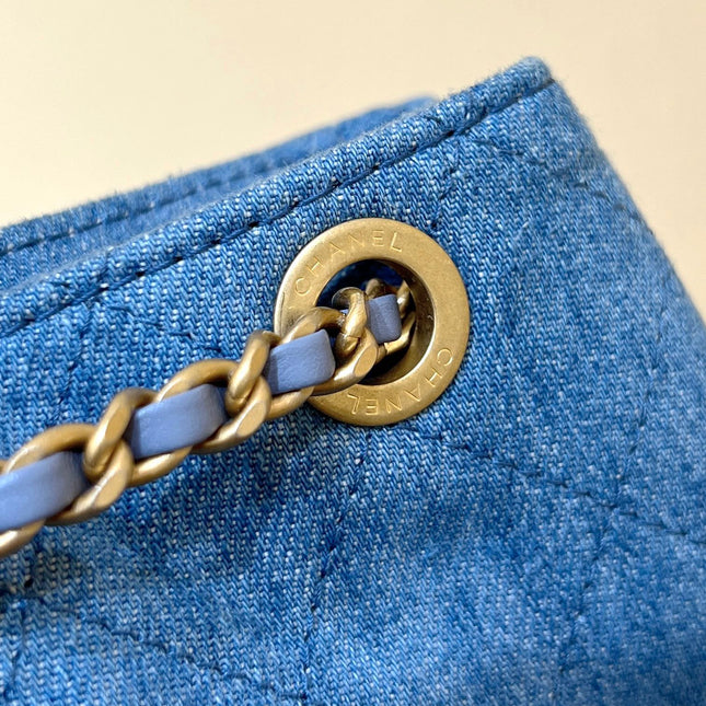 DRAWSTRING BUCKET BACKPACK 24 IN MALIBU BLUE DENIM GOLD HARDWARE