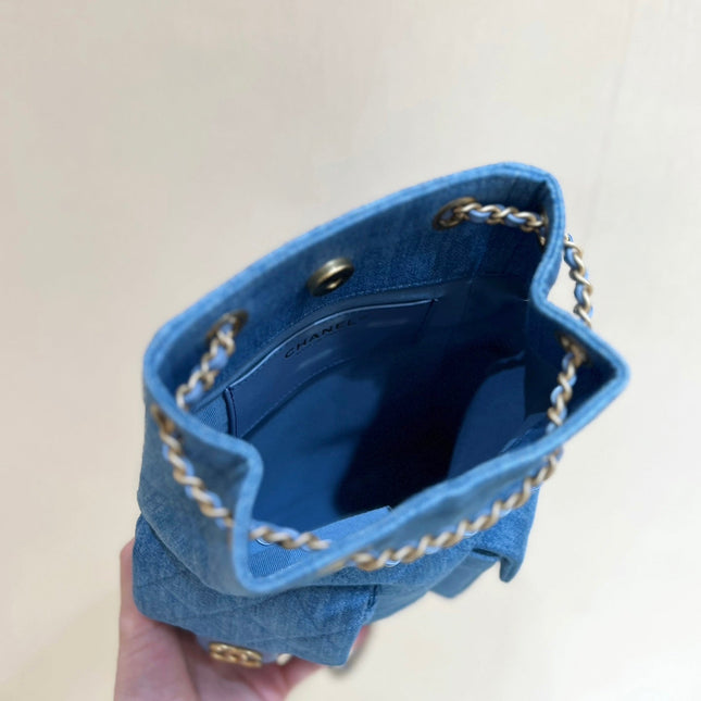 DRAWSTRING BUCKET BACKPACK 24 IN MALIBU BLUE DENIM GOLD HARDWARE