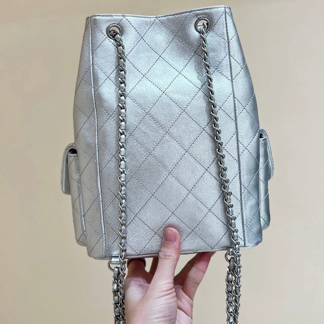 DRAWSTRING BUCKET BACKPACK 24 IN SILVER-TONE LAMBSKIN SILVER HARDWARE