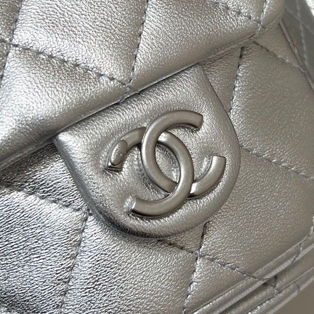 DRAWSTRING BUCKET BACKPACK 24 IN SILVER-TONE LAMBSKIN SILVER HARDWARE
