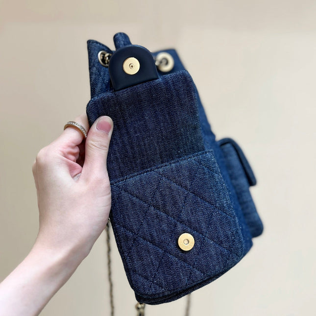 DRAWSTRING BUCKET BACKPACK 24 IN DARK BLUE DENIM GOLD HARDWARE
