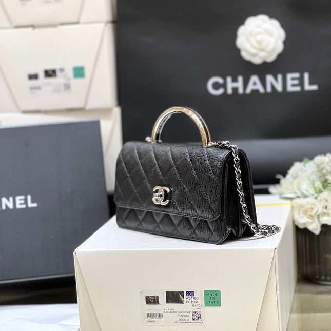 FLAP BAG WITH SILVER-TONE HANDLE 18 IN BLACK LAMBSKIN