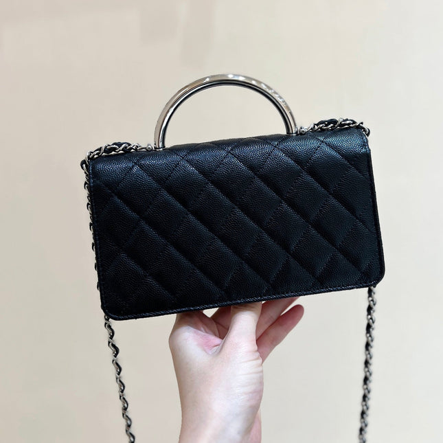 FLAP BAG WITH SILVER-TONE HANDLE 18 IN BLACK LAMBSKIN