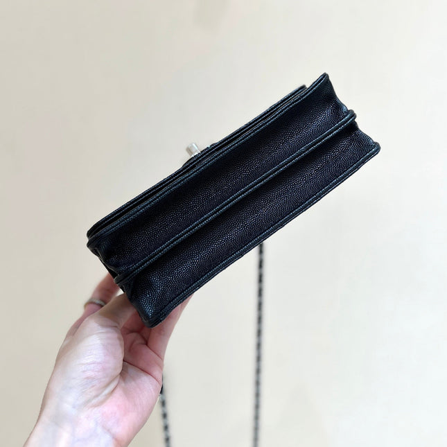 FLAP BAG WITH SILVER-TONE HANDLE 18 IN BLACK LAMBSKIN