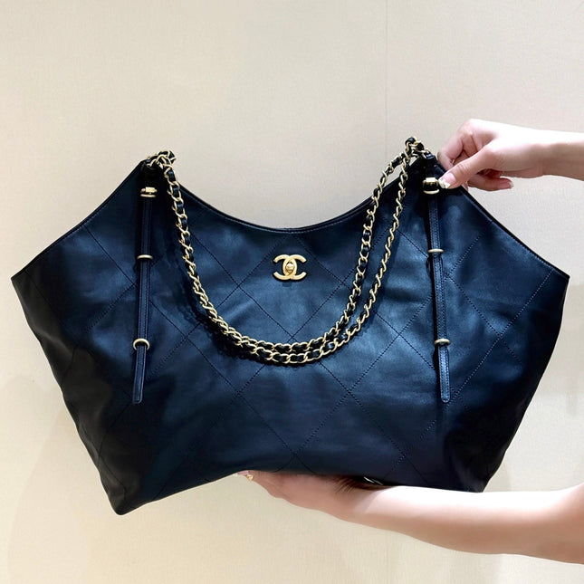 LARGE MAXI SHOPPING BAG 59 IN BLACK CALFSKIN GOLD-TONE METAL