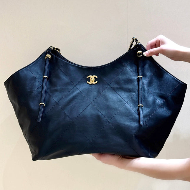 LARGE MAXI SHOPPING BAG 59 IN BLACK CALFSKIN GOLD-TONE METAL