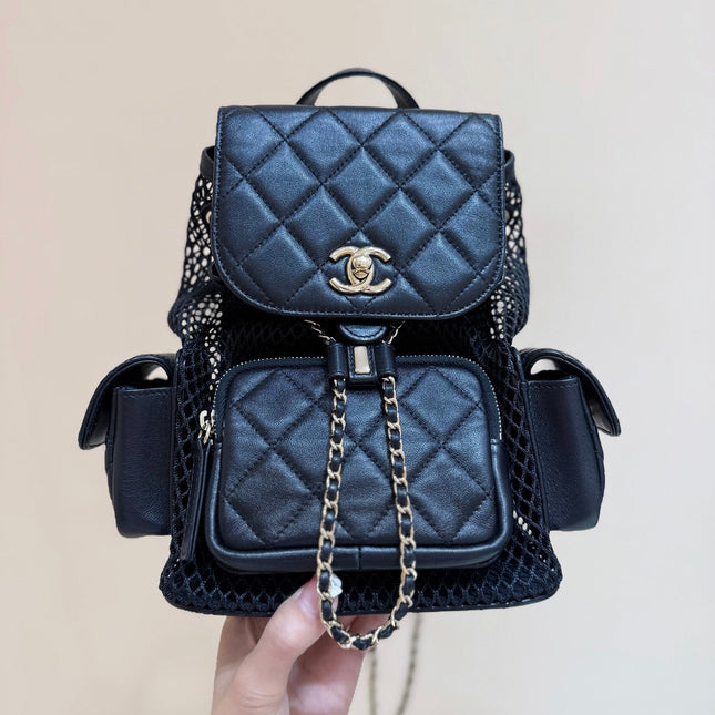 MESH DRAWSTRING BACKPACK 25 IN BLACK CALFSKIN GOLD-TONE METAL