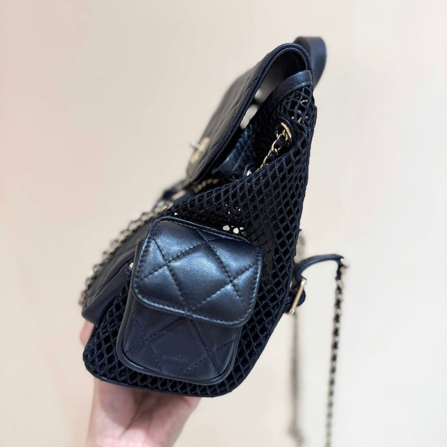 MESH DRAWSTRING BACKPACK 25 IN BLACK CALFSKIN GOLD-TONE METAL