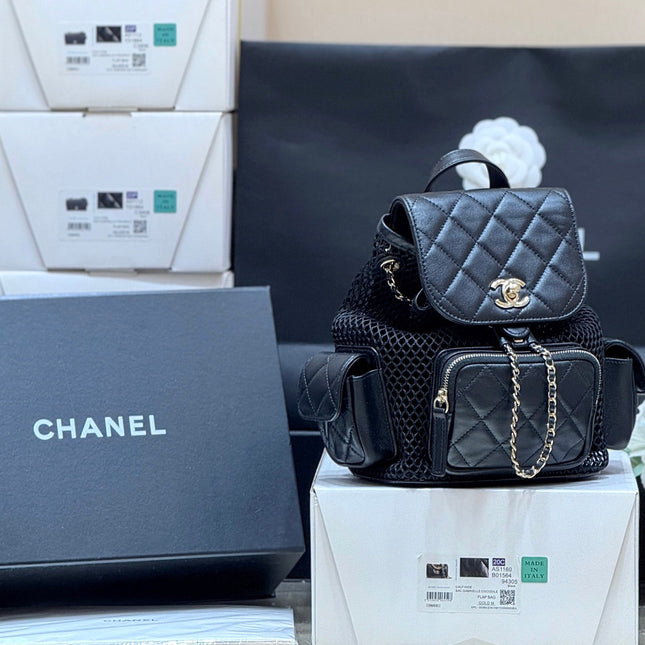 MESH DRAWSTRING BACKPACK 25 IN BLACK CALFSKIN GOLD-TONE METAL