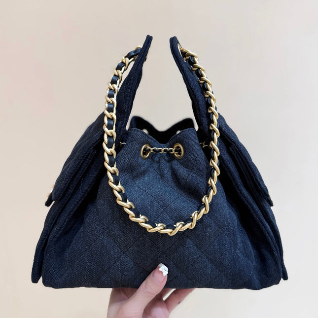 CC 25 HANDBAG 30 IN DARK BLUE DENIM GOLD HARDWARE