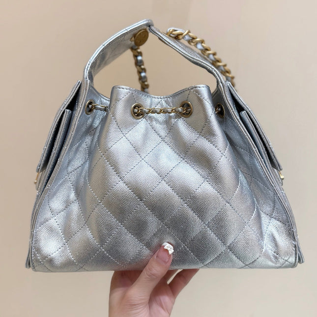 CC 25 HANDBAG IN SILVER-TONE 30 GRAINED CALFSKIN GOLD HARDWARE