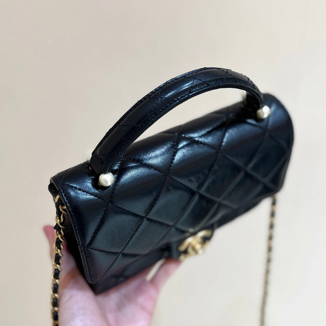 PEARL LIMITED EDITION FLAP BAG WITH HANDLE 20 IN BLACK LAMBSKIN