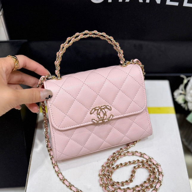 QUILTED MINI FLAP BAG WITH HANDLE 14 IN BABY PINK LAMBSKIN GOLD PLATED METAL