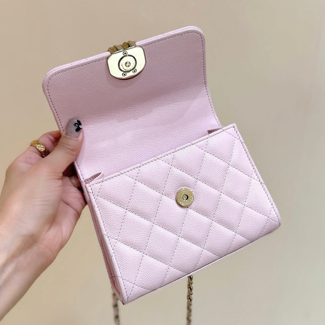 QUILTED MINI FLAP BAG WITH HANDLE 14 IN BABY PINK LAMBSKIN GOLD PLATED METAL