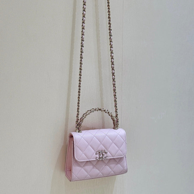 QUILTED MINI FLAP BAG WITH HANDLE 14 IN BABY PINK LAMBSKIN GOLD PLATED METAL