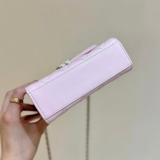 QUILTED FLAP BAG WITH HANDLE 18 IN BABY PINK LAMBSKIN GOLD HARDWARE