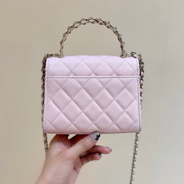 QUILTED MINI FLAP BAG WITH HANDLE 14 IN BABY PINK LAMBSKIN GOLD PLATED METAL