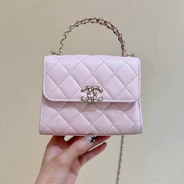 QUILTED FLAP BAG WITH HANDLE 18 IN BABY PINK LAMBSKIN GOLD HARDWARE