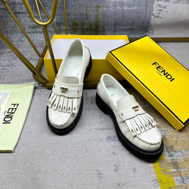 FENDI BAGUETTE LOAFERS IN WHITE CALFSKIN WITH GOLD HARDWARE