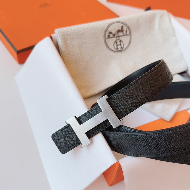 MINI H BELT BUCKLE & REVERSIBLE BLACK LEATHER STRAP 24 MM SILVER HARDWARE