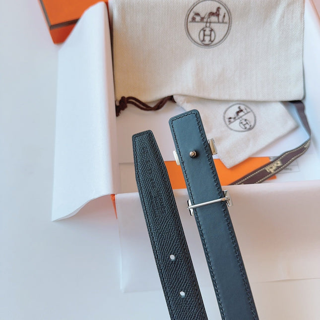 MINI H BELT BUCKLE & REVERSIBLE BLACK LEATHER STRAP 24 MM SILVER HARDWARE