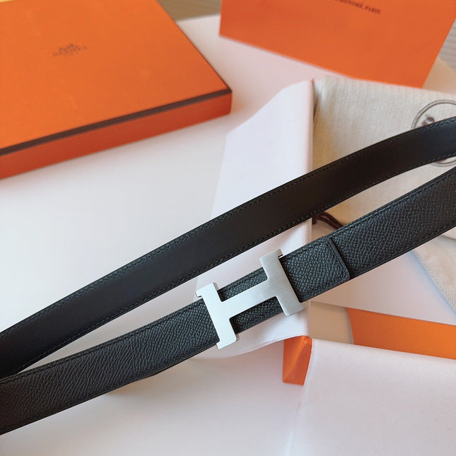 MINI H BELT BUCKLE & REVERSIBLE BLACK LEATHER STRAP 24 MM SILVER HARDWARE