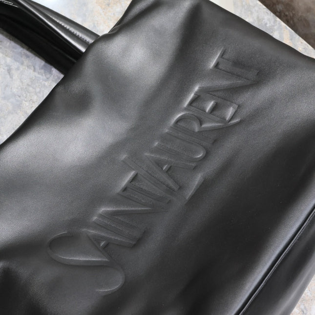 TOTE BAG 50 IN BLACK CALFSKIN WITH EMBOSSED LOGO