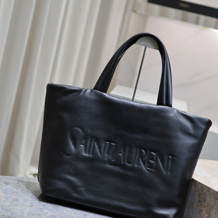 TOTE BAG 50 IN BLACK CALFSKIN WITH EMBOSSED LOGO