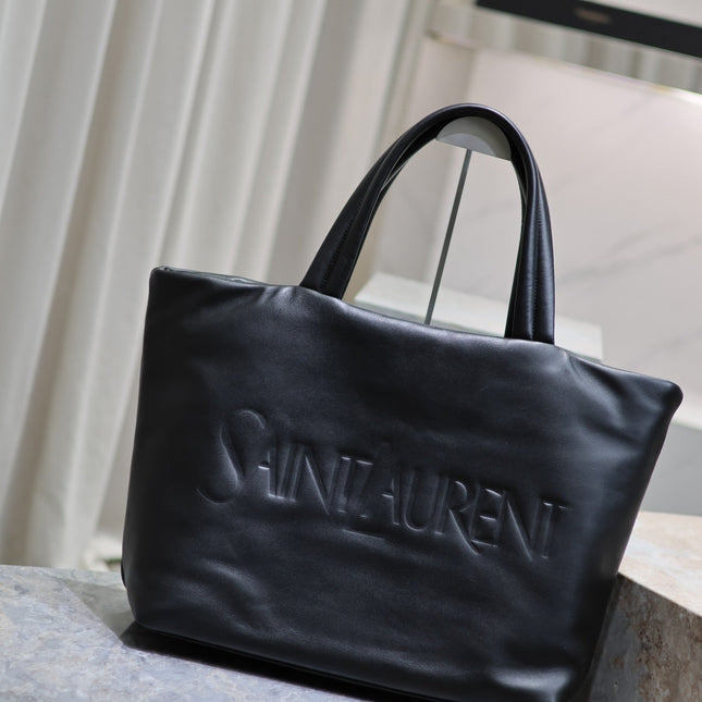 TOTE BAG 50 IN BLACK CALFSKIN WITH EMBOSSED LOGO