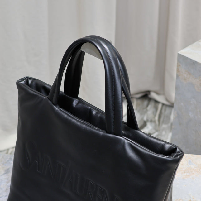 TOTE BAG 50 IN BLACK CALFSKIN WITH EMBOSSED LOGO