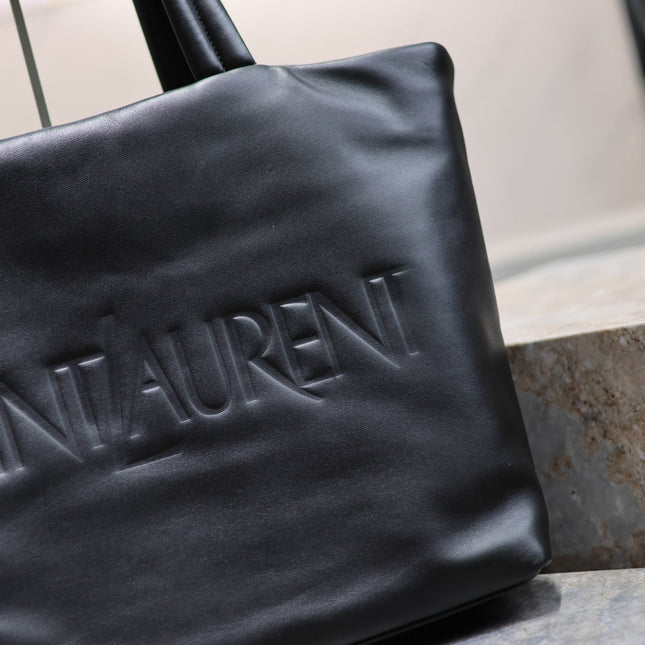 TOTE BAG 50 IN BLACK CALFSKIN WITH EMBOSSED LOGO