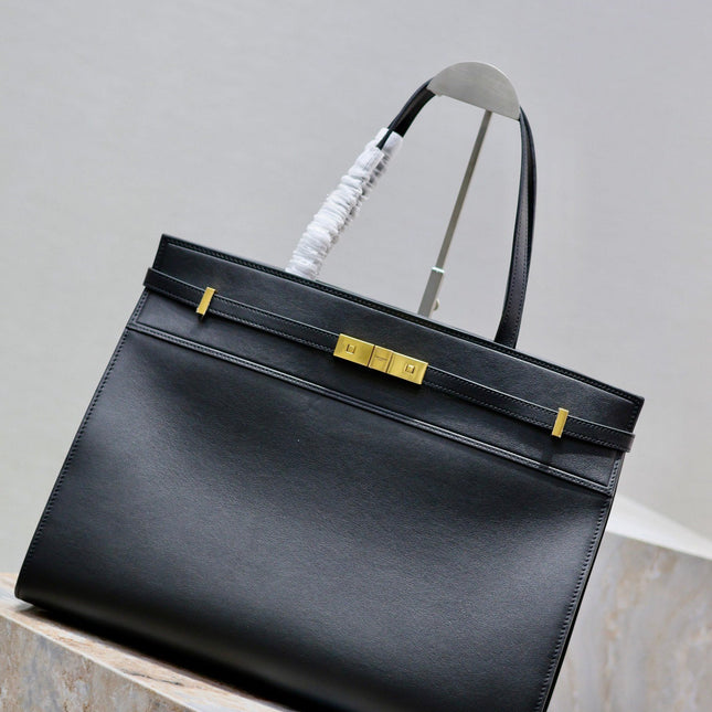 MANHATTAN SHOPPING BAG 40 IN BLACK SMOOTH LAMBSKIN GOLD BUCKLE