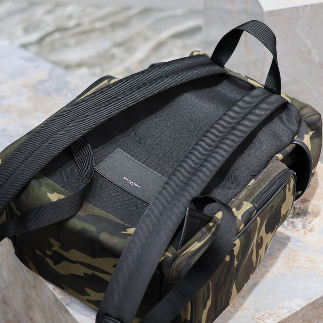 CITY MULTI-POCKET BACKPACK 42 IN CAMOUFLAGE PATTERN NYLON AND BLACK CALFSKIN