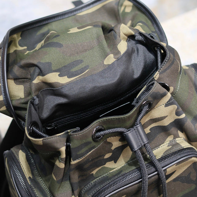 CITY MULTI-POCKET BACKPACK 42 IN CAMOUFLAGE PATTERN NYLON AND BLACK CALFSKIN