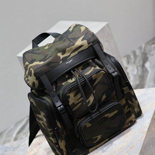 CITY MULTI-POCKET BACKPACK 42 IN CAMOUFLAGE PATTERN NYLON AND BLACK CALFSKIN