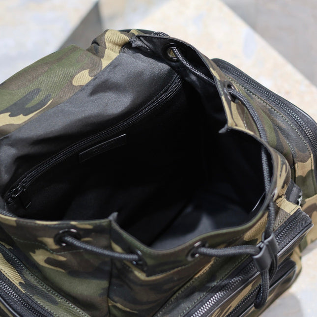 CITY MULTI-POCKET BACKPACK 42 IN CAMOUFLAGE PATTERN NYLON AND BLACK CALFSKIN