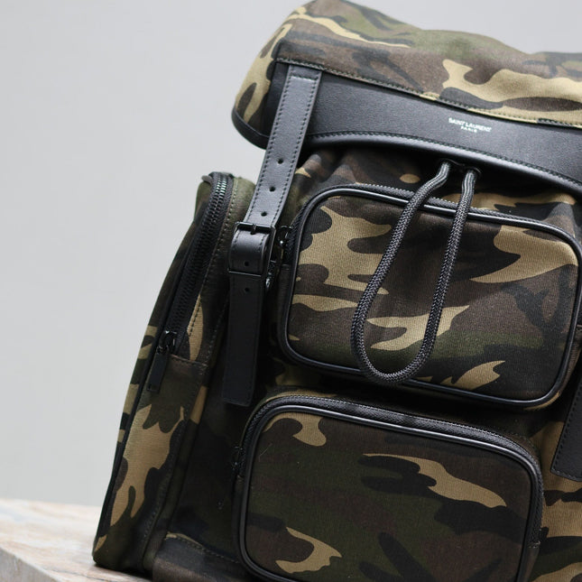 CITY MULTI-POCKET BACKPACK 42 IN CAMOUFLAGE PATTERN NYLON AND BLACK CALFSKIN